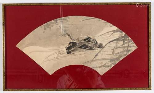 A JAPANESE FAN SHAPED PAINTING WITH DUCKS – 1900s