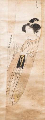 A JAPANESE SCROLL WITH A WOODBLOCK PRINT 19TH CENTURY