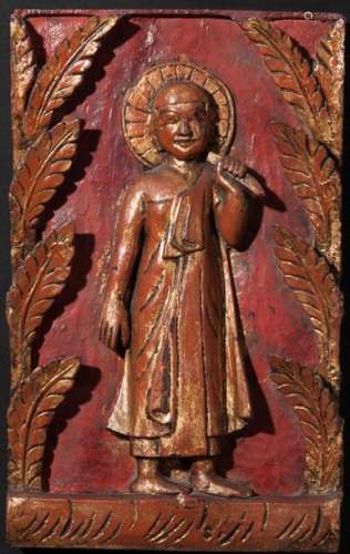 A BURMESE LACQUERED WALL PANEL DEPICTING A WALKING BUDD…