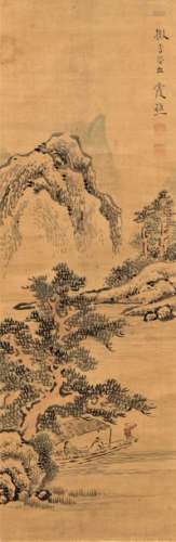 JAPANESE SCROLL PAINTING OF A LANDSCAPE WITH MOUNTAINS …