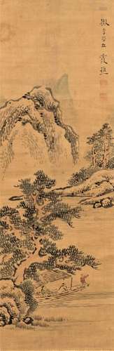 JAPANESE SCROLL PAINTING OF A LANDSCAPE WITH MOUNTAINS …