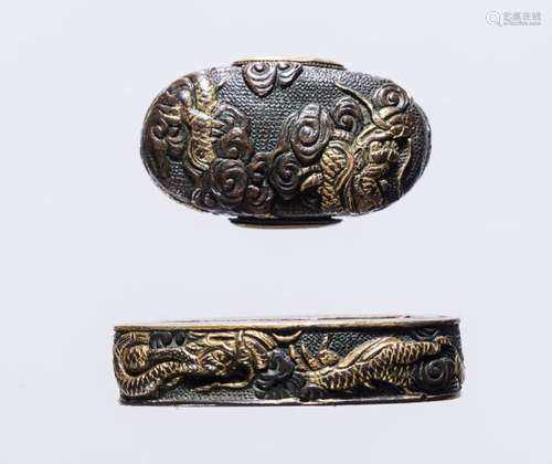 FUCHI KASHIRA WITH GILT DRAGONS AMONGST CLOUDS