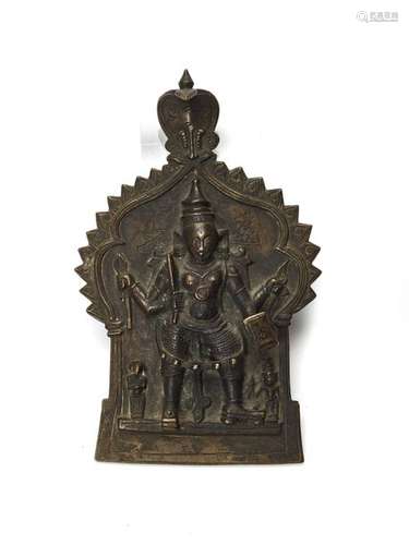 AN INDIAN BRONZE STELE DEPICTING A FOUR-ARMED VISHNU, 19th CENTURY