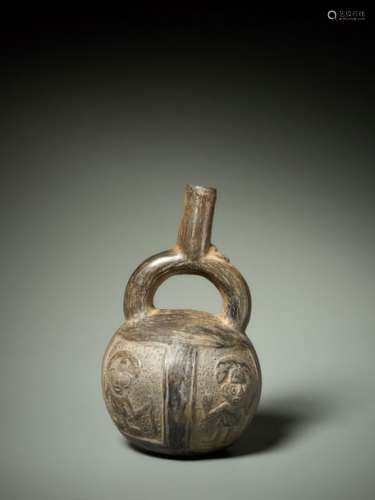 STIRRUP VESSEL WITH RELIEF DECORATION – CHIMU CULTURE, PERU, C. 1000-1400 AD