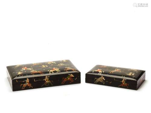 A 1950s LACQUERED PAIR OF JEWELRY BOXES WITH POLO RIDERS