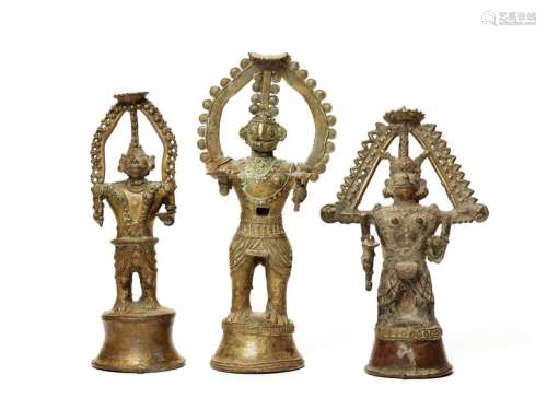 A GROUP OF THREE BASTAR BRONZE DEITIES WITH VESSEL AND SCEPTRE