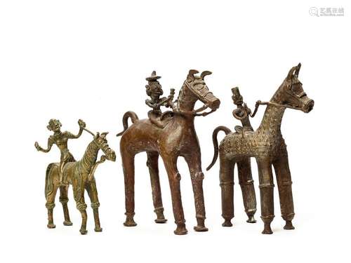 THREE BASTAR BRONZE FIGURES OF WARRIOR ON HORSEBACK