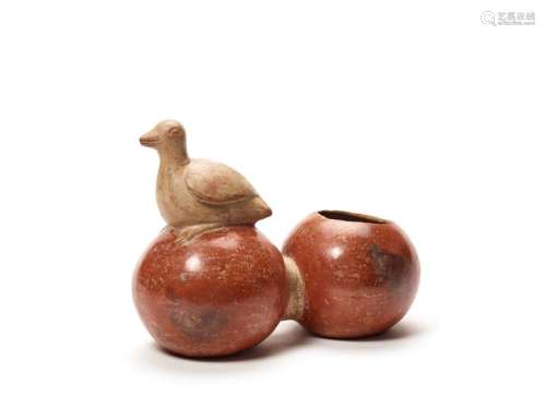 DOUBLE-CHAMBERED VESSEL WITH BIRD – MOCHE CULTURE, PERU, C. 500 AD