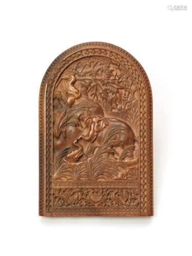 AN INDIAN CARVED WOOD RELIEF WITH ELEPHANTS
