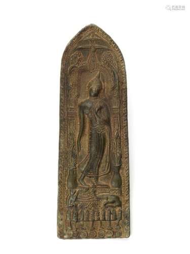 A VERY APPEALING BRONZE PANEL OF A WALKING BUDDHA, THAILAND 1900s