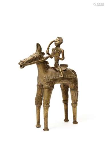 A BASTAR BRONZE WARRIOR WITH A SCIMITAR ON HORSE