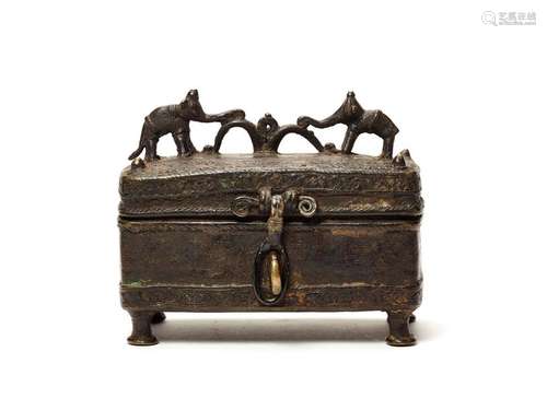 AN INDIAN TRIBAL BRONZE CASKET WITH ELEPHANTS, 19TH CENTURY