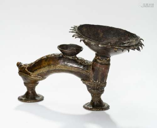 A BRONZE OIL LAMP