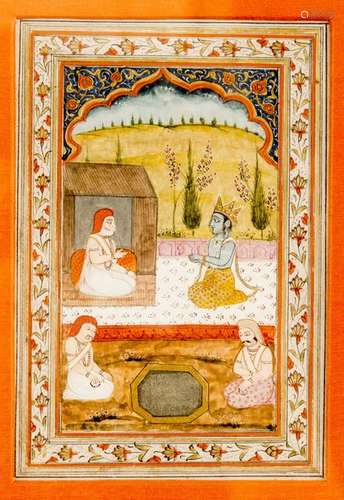 AN INDIAN MINIATURE PAINTING OF KRISHNA IN FRONT OF HERMITS