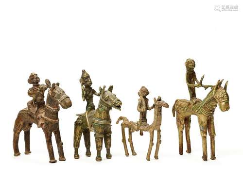 FOUR BASTAR BRONZE FIGURES OF WARRIOR ON HORSE