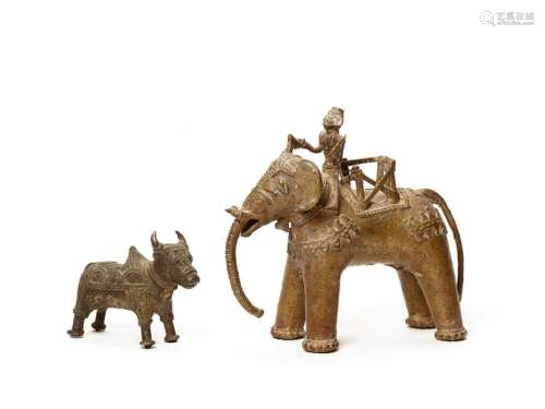 A BASTAR BRONZE ELEPHANT WARRIOR AND NANDI