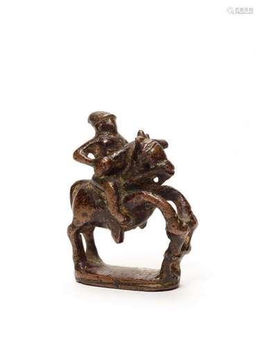 INDIAN MINIATURE BRONZE WITH MUSICIAN ON HORSE, 18th CENTURY