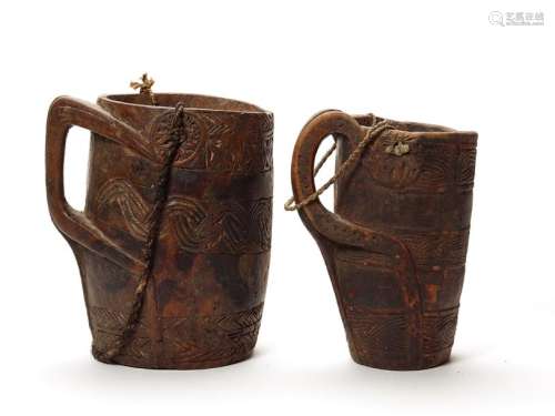 TWO INDIAN WOOD VESSELS WITH HANDLES, c. 18TH-19TH CENTURY