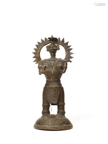 A BASTAR BRONZE OF A FEMALE DEITY WITH BOWL AND JEWEL