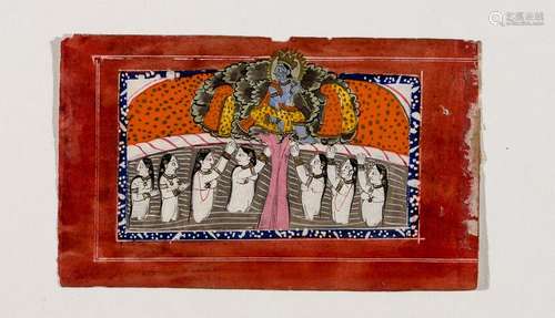 KRISHNA PLAYING THE FLUTE IN FRONT OF BATHING SHEPHERD GIRLS - INDIA, 19TH CENTURY