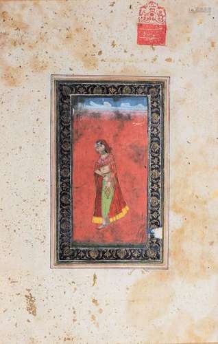 AN INDIAN MINIATURE PAINTING OF A LADY WITH LITTLE A WATER POT