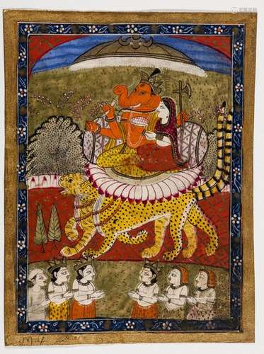 MINIATURE PAINTING - GANESHA ON TWO TIGERS - 19TH CENTURY