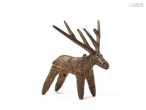 A KONDH TRIBAL BRONZE OF A DEER WITH LARGE ANTLERS