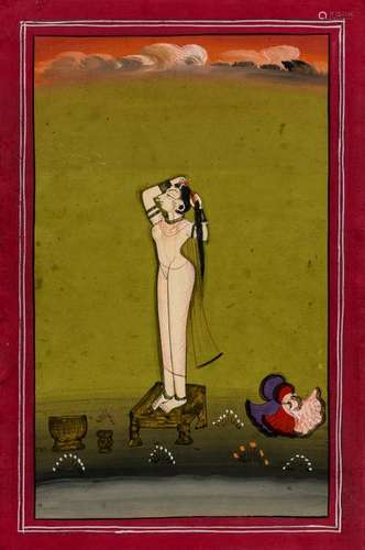 AN EROTIC MINIATURE PAINTING - INDIA, 19TH – EARLY 20th CENTURY