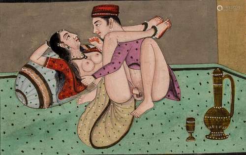 AN EROTIC MINIATURE PAINTING - INDIA, 19TH – EARLY 20th CENTURY