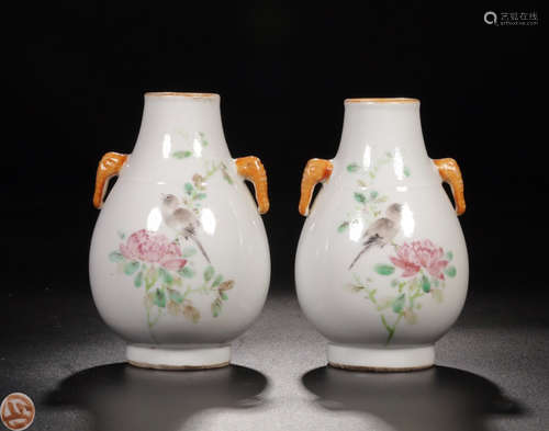 PAIR FAMILLE-ROSE FLORAL AND BIRD PATTERN VASES