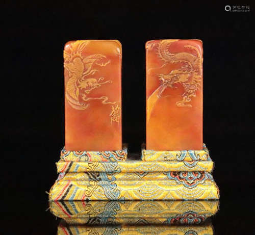 PAIR SOAPSTONE CARVED PHOENIX AND DRAGON SEALS