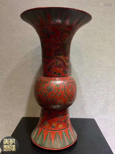 A QIANLONG DOUBLE-DRAGON RED PAINT VASE