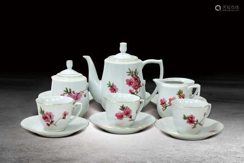 70年代 手绘桃花纹茶壶一套十五件