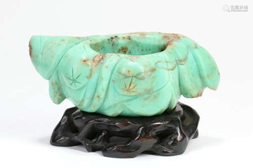 Chinese Carved Turquoise Water Pot with Wood base