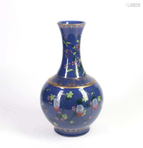 Chinese Blue Ground Famille-Rose Porcelain Vase