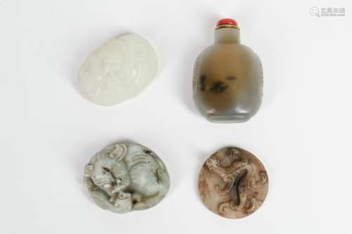Set of Three Carved Jade Decorations and A Snuff Bottle