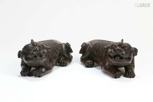 Pair of Chinese Carved Wood Foo-Dogs