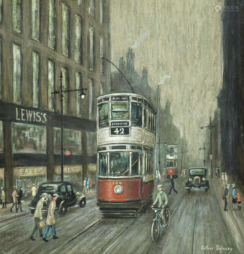 Street Scene with Trams, Manchester Arthur Delaney(British, 1927-1987)