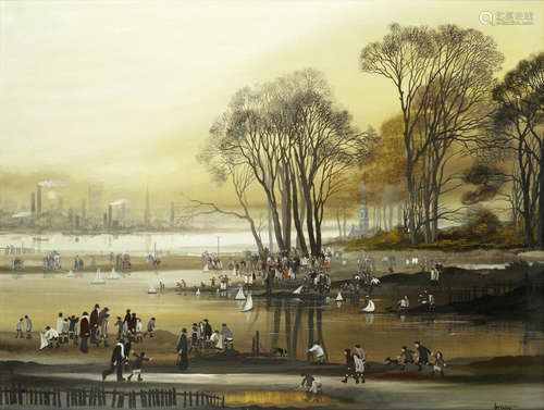 View of a Boating Pond with Figures Brian Shields(Braaq) (British, 1951-1997)