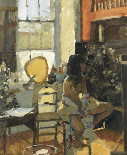 Sarah with a Yellow Fan Ken Howard R.A.(British, born 1932)