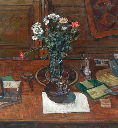 Vase of Flowers on Studio Table William Bowyer R.A., R.W.S., R.P., N.E.A.C.(British, 1926-2015)