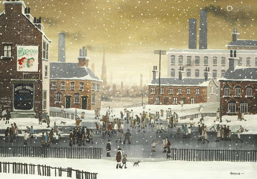 Snowy Liverpool Street Scene Brian Shields(Braaq) (British, 1951-1997)