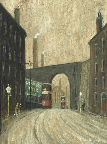 Old Bridge with Trams Arthur Delaney(British, 1927-1987)