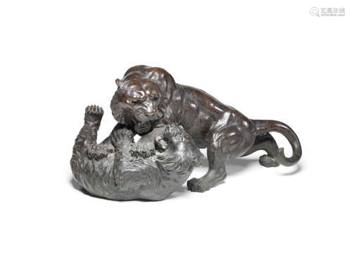 A bronze model of a tiger and bearMeiji era (1868-1912), late 19th/early 20th century Genryusai Seiya (active circa 1900)