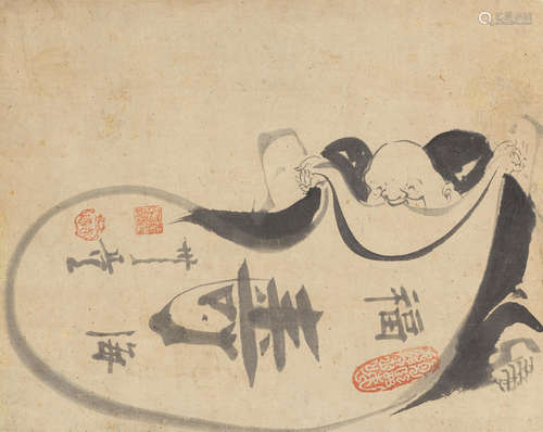 Hotei with a treasure sackEdo period (1615-1868), 18th century Hakuin Ekaku (1685-1786)