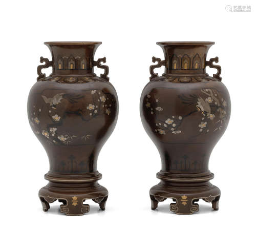 A pair of bronze inlaid vases on standsMeiji era (1868-1912), late 19th century NOGAWA COMPANY (CIRCA 1890)