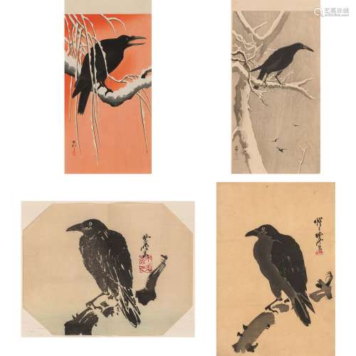 Group of Four Japanese Woodblock Prints of Crows