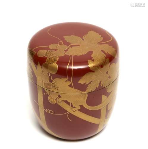 Boîte à thé laquée marron rouge (natsume) à motif …