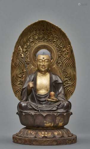 Figurine en bois de Bodhisattva Jizō en position a…