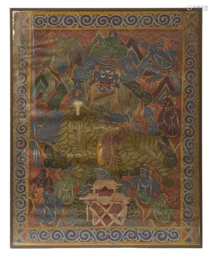 Thangka tibétaine polychrome encadrée figurant (Gy…